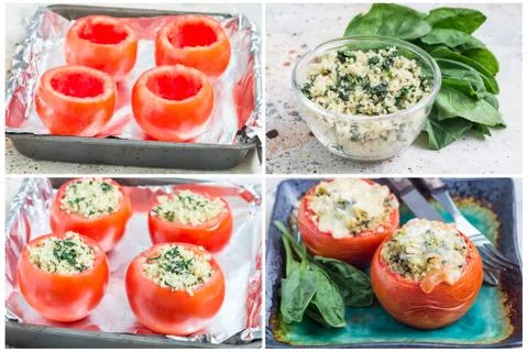 Collage with process of preparation baked tomato stuffed with quinoa and spin 스톡 사진