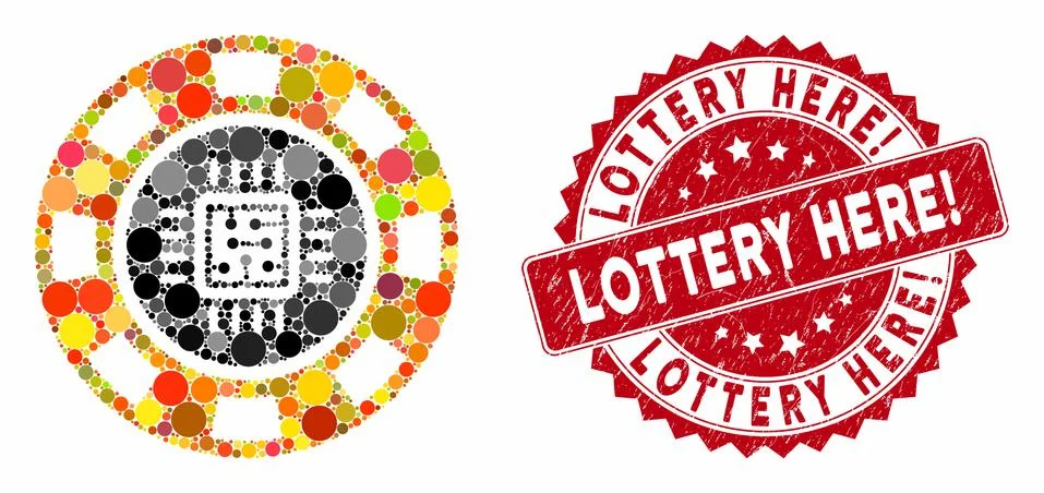 Collage Processor Casino Chip with Textured Lottery Here! Stamp Stock Illustration