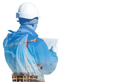 Collage of Professional construction worker in helmet and uniform reads Stock Photos