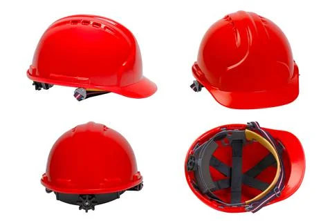 Collage of protective red helmets from different sides on a white background Stock Photos