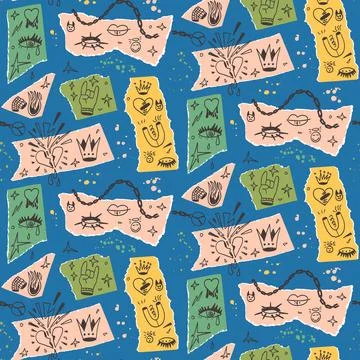 Collage punk rock seamless pattern. marker endless background. Rock and roll 스톡 일러스트