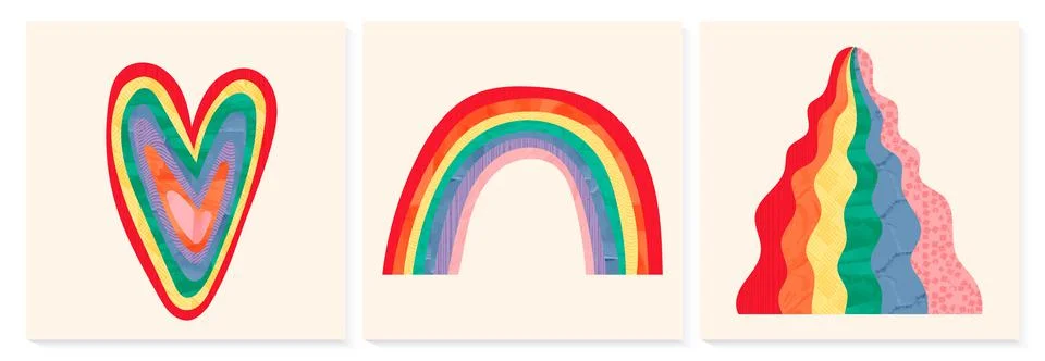 Collage rainbow vector poster design set. Abstract and positive minimalist Stock Illustration