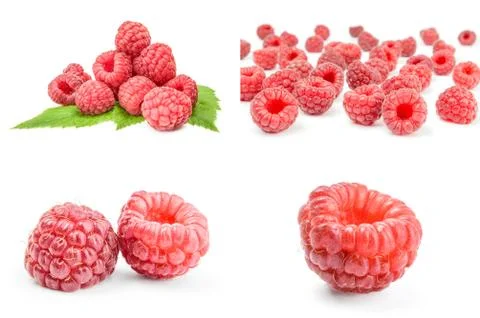 Collage of raspberry fruit isolated on a white background with clipping path Foto stock
