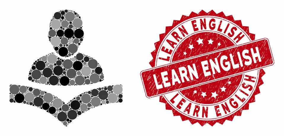 Collage Reader Boy with Scratched Learn English Stamp Ilustración de archivo