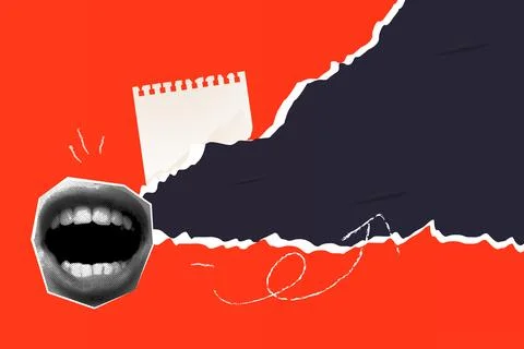A collage of red and black, a talking female mouth, a poster and space for .. Illustration