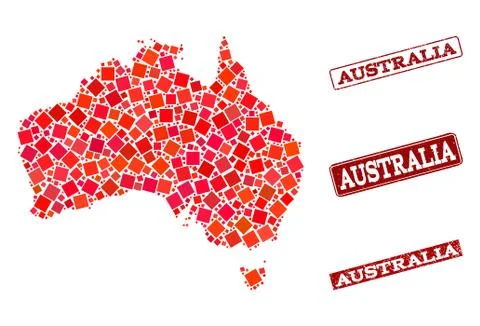 Collage of Red Mosaic Map of Australia and Grunge Rectangle Stamps 스톡 일러스트