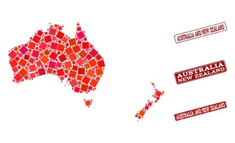 Collage of Red Mosaic Map of Australia and New Zealand and Grunge Rectangle Illustrazione stock