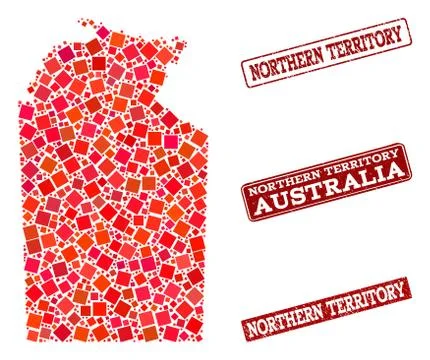 Collage of Red Mosaic Map of Australian Northern Territory and Grunge Rectangle Stock Illustration