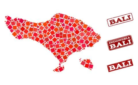 Collage of Red Mosaic Map of Bali Island and Grunge Rectangle Stamps Illustrazione stock