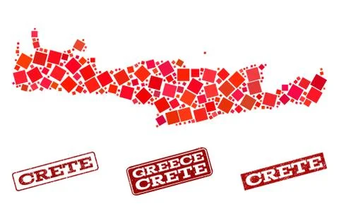 Collage of Red Mosaic Map of Crete Island and Grunge Rectangle Stamps Illustrazione stock