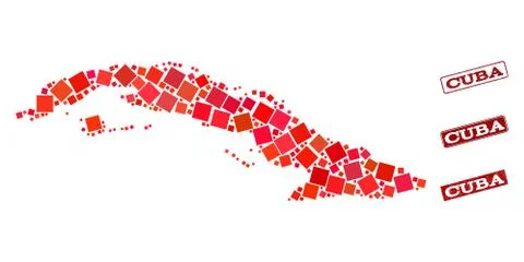 Collage of Red Mosaic Map of Cuba and Grunge Rectangle Stamps イラスト素材