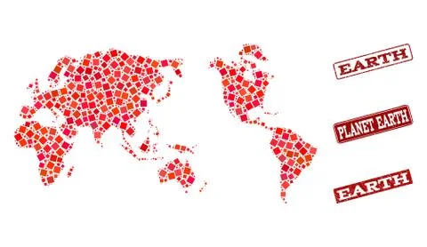 Collage of Red Mosaic Map of Earth and Grunge Rectangle Stamps Illustrazione stock