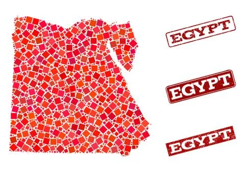 Collage of Red Mosaic Map of Egypt and Grunge Rectangle Stamps Stockillustratie