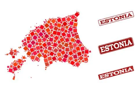 Collage of Red Mosaic Map of Estonia and Grunge Rectangle Stamps Illustrazione stock