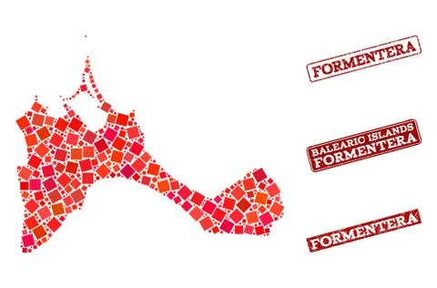Collage of Red Mosaic Map of Formentera Island and Grunge Rectangle Stamps Illustrazione stock