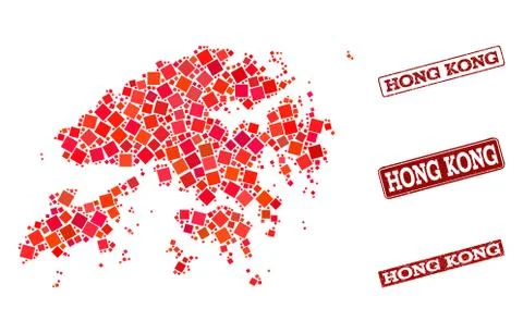 Collage of Red Mosaic Map of Hong Kong and Grunge Rectangle Stamps Stock Illustration