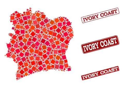 Collage of Red Mosaic Map of Ivory Coast and Grunge Rectangle Stamps Illustrazione stock