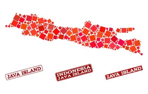 Collage of Red Mosaic Map of Java Island and Grunge Rectangle Stamps Stockillustratie