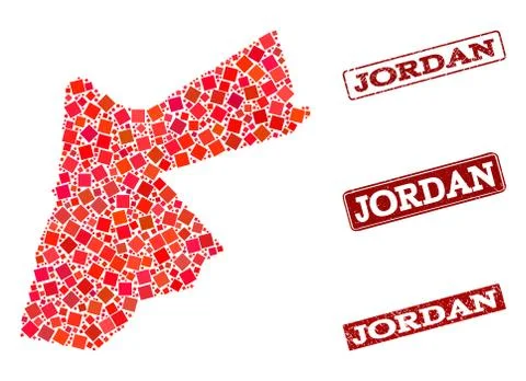 Collage of Red Mosaic Map of Jordan and Grunge Rectangle Stamps Stock Illustration