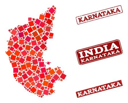 Collage of Red Mosaic Map of Karnataka State and Grunge Rectangle Stamps 스톡 일러스트
