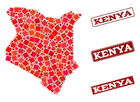 Collage of Red Mosaic Map of Kenya and Grunge Rectangle Stamps Stock Illustration