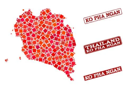 Collage of Red Mosaic Map of Ko Pha Ngan and Grunge Rectangle Stamps Stockillustratie
