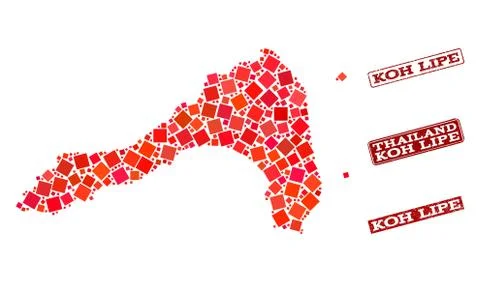 Collage of Red Mosaic Map of Koh Lipe and Grunge Rectangle Stamps Stockillustratie