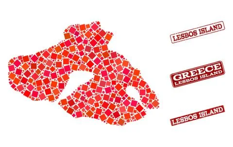 Collage of Red Mosaic Map of Lesbos Island and Grunge Rectangle Stamps Stockillustratie