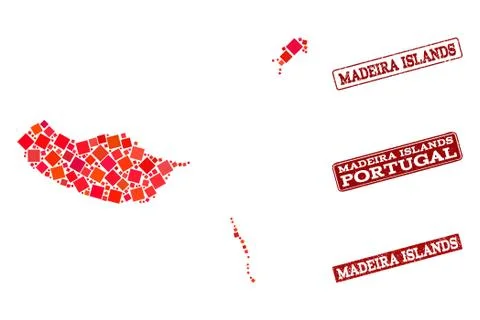 Collage of Red Mosaic Map of Madeira Islands and Grunge Rectangle Stamps Illustrazione stock