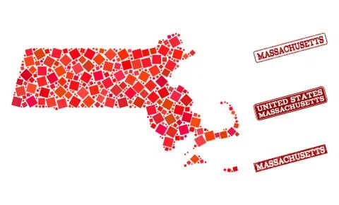 Collage of Red Mosaic Map of Massachusetts State and Grunge Rectangle Stamps 스톡 일러스트
