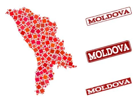 Collage of Red Mosaic Map of Moldova and Grunge Rectangle Stamps Illustrazione stock