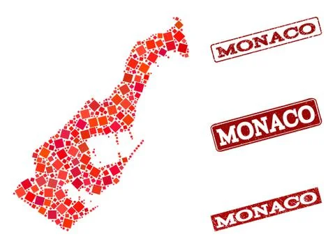 Collage of Red Mosaic Map of Monaco and Grunge Rectangle Stamps Illustrazione stock