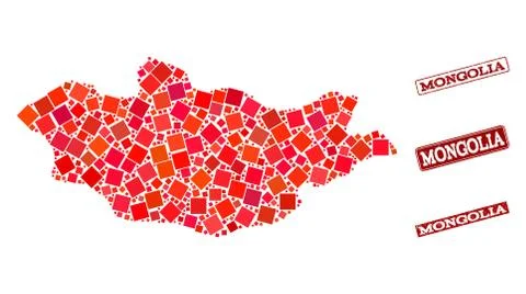 Collage of Red Mosaic Map of Mongolia and Grunge Rectangle Stamps Stock Illustration