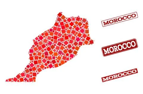 Collage of Red Mosaic Map of Morocco and Grunge Rectangle Stamps Illustrazione stock