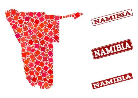 Collage of Red Mosaic Map of Namibia and Grunge Rectangle Stamps Stockillustratie