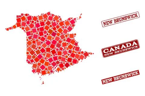 Collage of Red Mosaic Map of New Brunswick Province and Grunge Rectangle Stamps Illustrazione stock