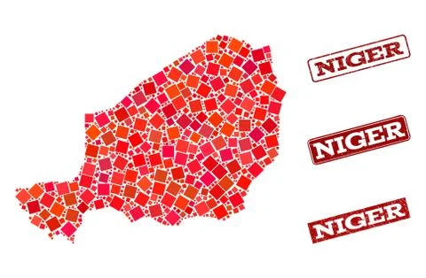 Collage of Red Mosaic Map of Niger and Grunge Rectangle Stamps Illustrazione stock