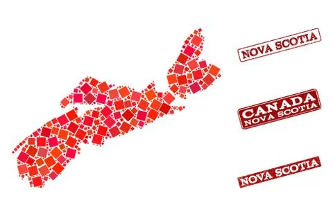 Collage of Red Mosaic Map of Nova Scotia Province and Grunge Rectangle Stamps Illustrazione stock
