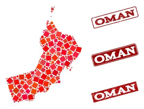 Collage of Red Mosaic Map of Oman and Grunge Rectangle Stamps Illustrazione stock