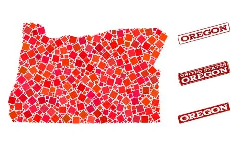 Collage of Red Mosaic Map of Oregon State and Grunge Rectangle Stamps Stock Illustration