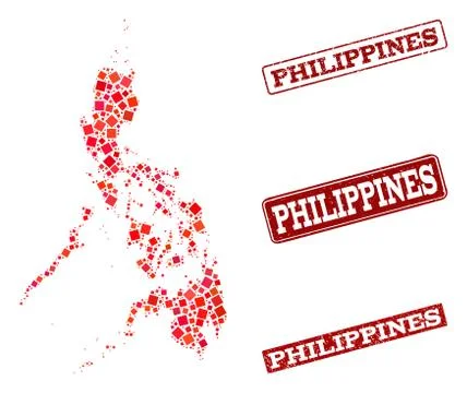 Collage of Red Mosaic Map of Philippines and Grunge Rectangle Stamps Stock Illustration