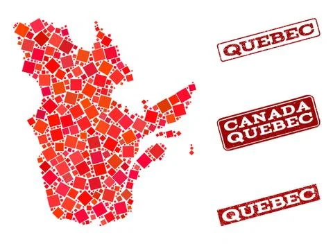 Collage of Red Mosaic Map of Quebec Province and Grunge Rectangle Stamps Stock Illustration