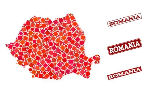 Collage of Red Mosaic Map of Romania and Grunge Rectangle Stamps 스톡 일러스트