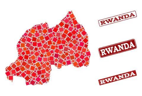 Collage of Red Mosaic Map of Rwanda and Grunge Rectangle Stamps 스톡 일러스트