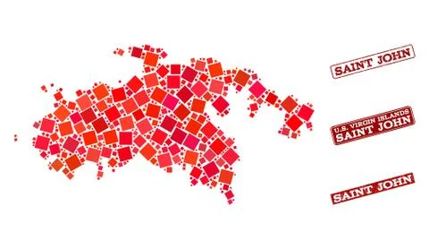 Collage of Red Mosaic Map of Saint John Island and Grunge Rectangle Stamps Stock Illustration