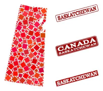 Collage of Red Mosaic Map of Saskatchewan Province and Grunge Rectangle Stamps Stock Illustration