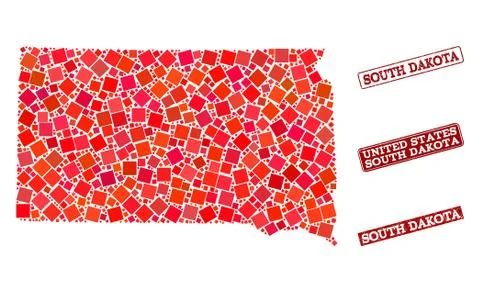 Collage of Red Mosaic Map of South Dakota State and Grunge Rectangle Stamps Illustrazione stock