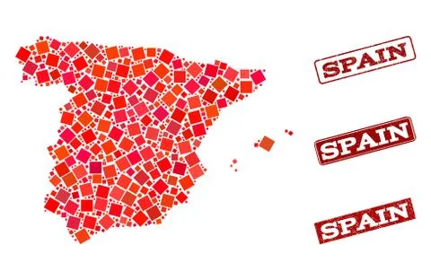 Collage of Red Mosaic Map of Spain and Grunge Rectangle Stamps Stock Illustration