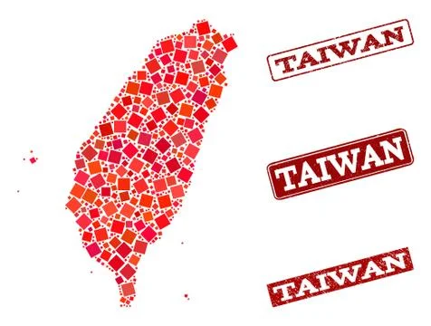 Collage of Red Mosaic Map of Taiwan and Grunge Rectangle Stamps Stock Illustration