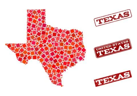 Collage of Red Mosaic Map of Texas State and Grunge Rectangle Stamps 스톡 일러스트